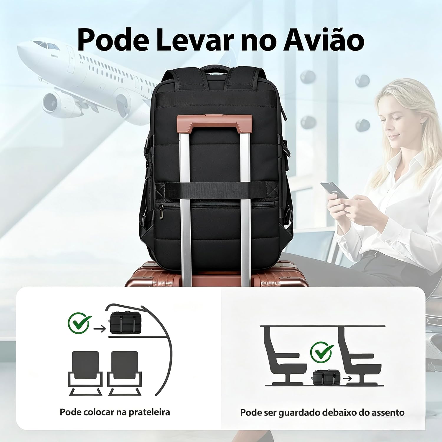 Romantic Crown Mochila de Viagem Expansivel Avião Grande Feminina,Mochila Executiva Masculina Impermeável Reforçada para Notebook,Casual Esportes Hiking Escola Presente (Todo Preto)