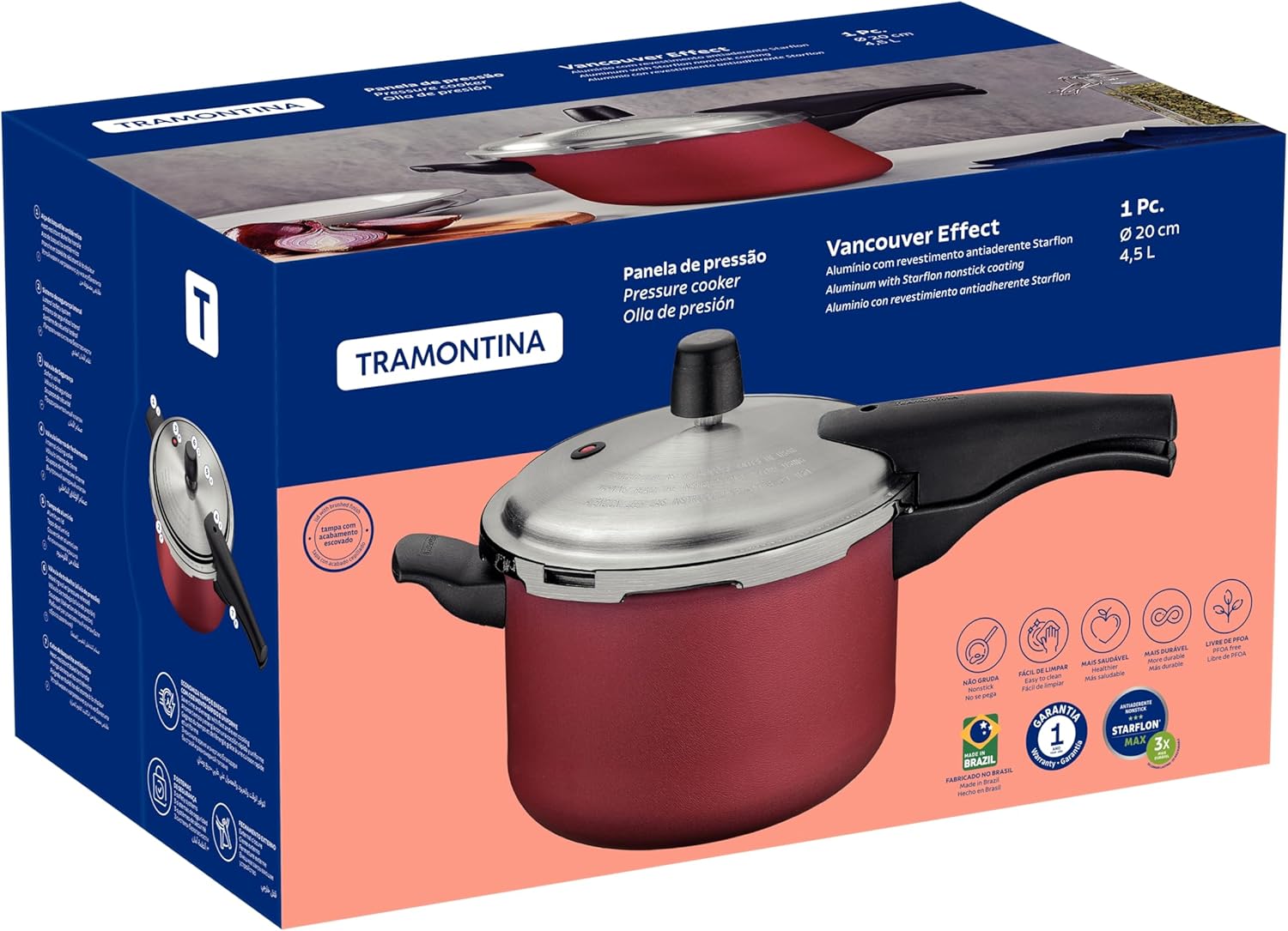 Panela de Pressão Tramontina Vancouver Effect Alumínio Antiaderente Starflon Max Vermelho 24 cm 6 L