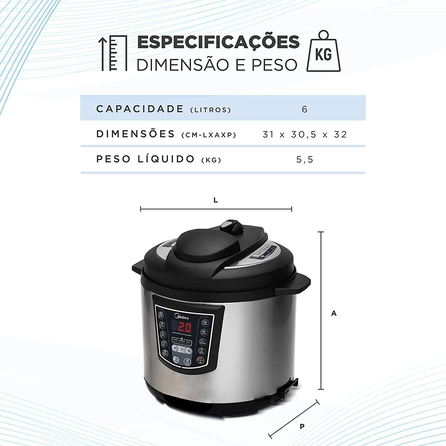 Panela de Pressão Elétrica Digital Midea 6L com 8 Funções Pré-programadas