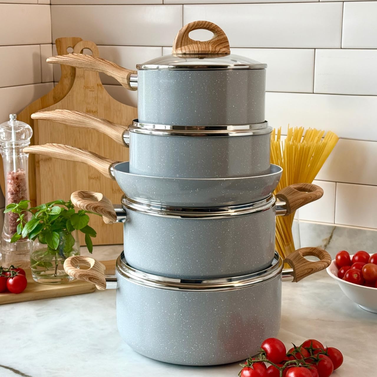 Brinox - Jogo de Panelas Ceramic Life 5 Peças Smart Plus com Fundo de Indução - Cinza Wooden