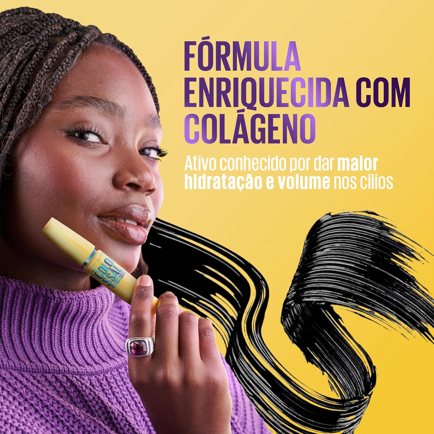 Maybelline NY The Colossal Volum' Express, Máscara de Cílios À Prova d'Água, 9x mais Volume por até 24h, Fórmula de Colágeno e Definição Intensa, Não Empelota, Cor Preto, 8ml