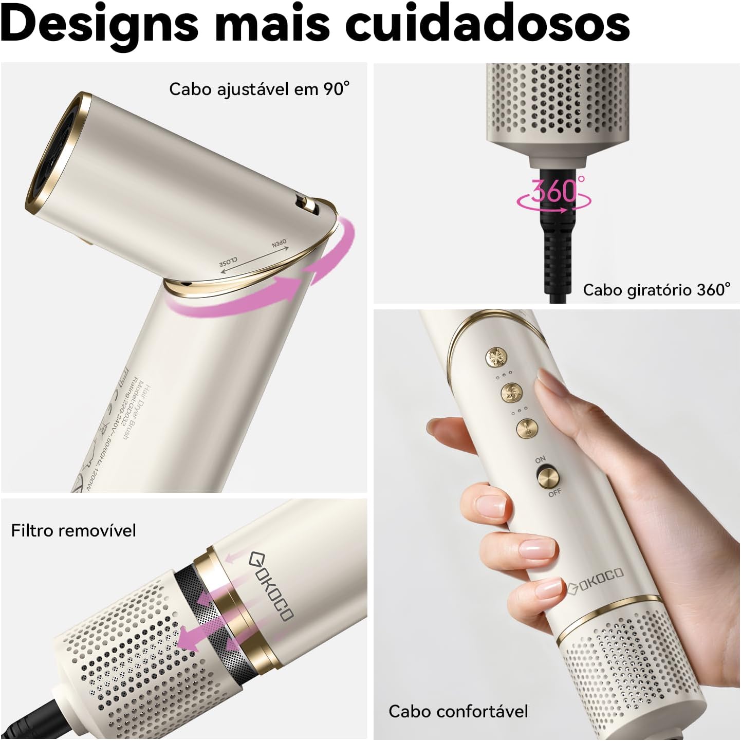 GOKOCO Secador de Cabelo 127v/110v 7 em 1 - Incluso 2x Bocal, Difusor, Escova Secadora, 2x Modelador de Cachos, Alisador para Alta Velocidade Para Secar, Alisar e Enrolar, GD032 Dourado