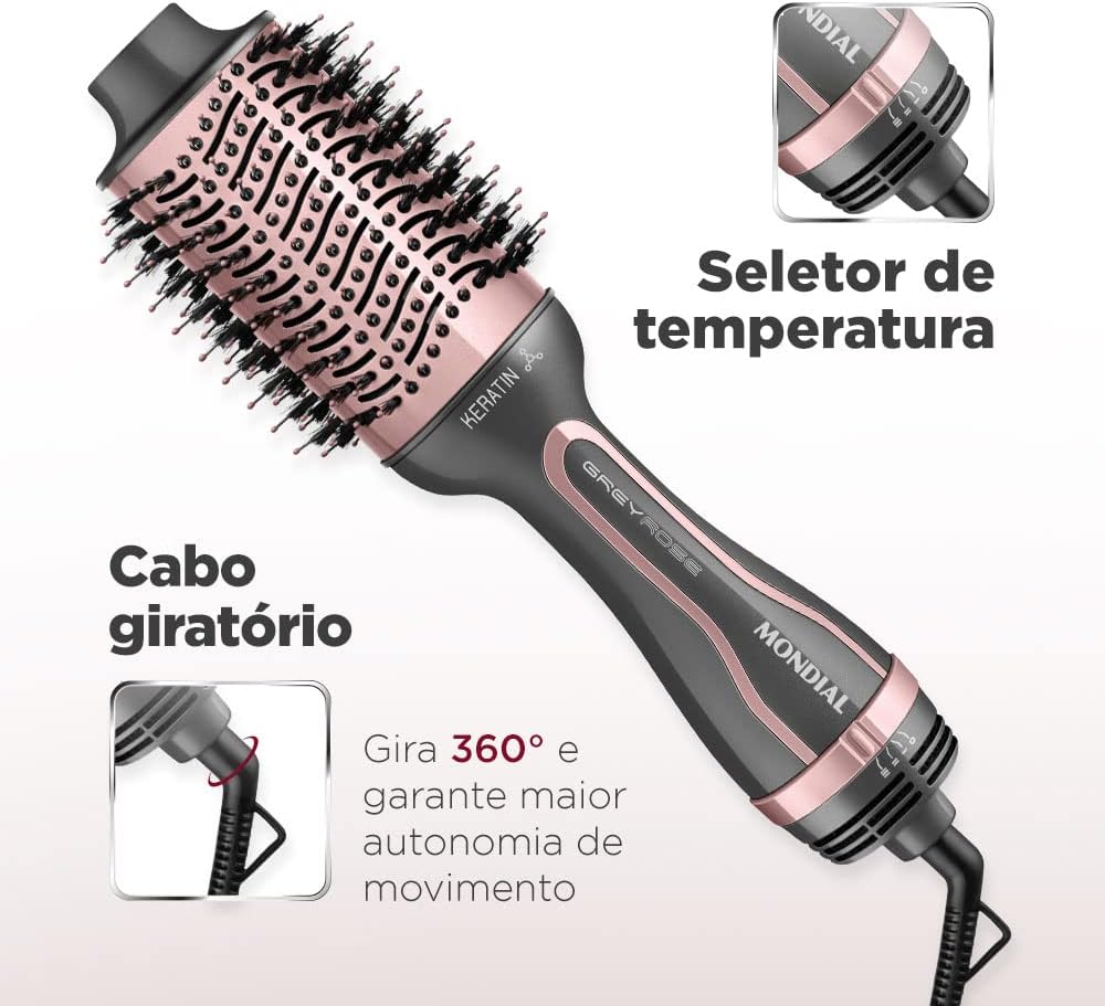 MONDIAL Escova Secadora Keratin, Bivolt, Grafite/Golden Rose - ES-11-BI
