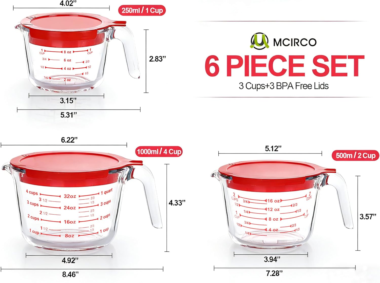 Conjunto 3 Copos Medidores de Vidro Borossilicato 250ml, 500ml e 1000ml