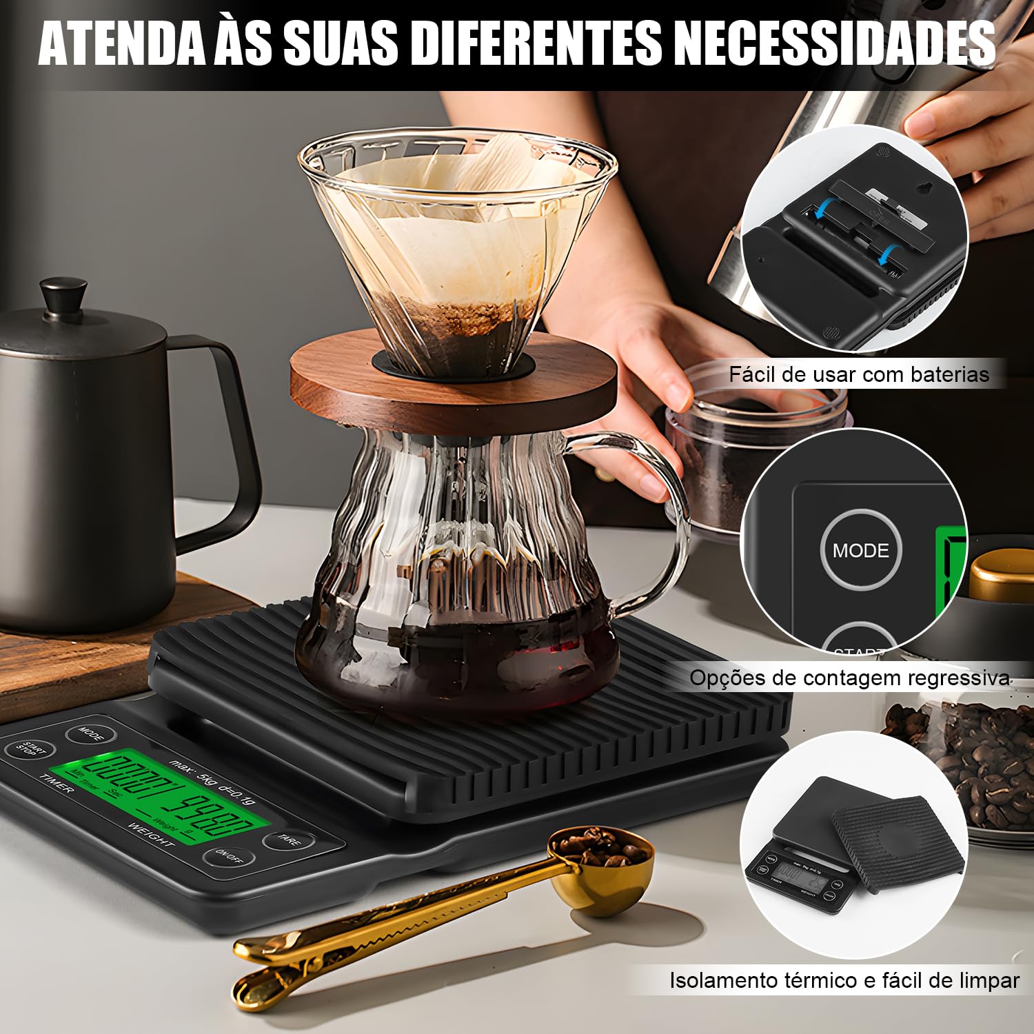 5 kg/0.1 g Balança Digital de Alta Precisão para Café e Infusões, Balança com Temporizador, Escala de Peso de Café com Tela LED, Balança de Cozinha Elétrica Precisa