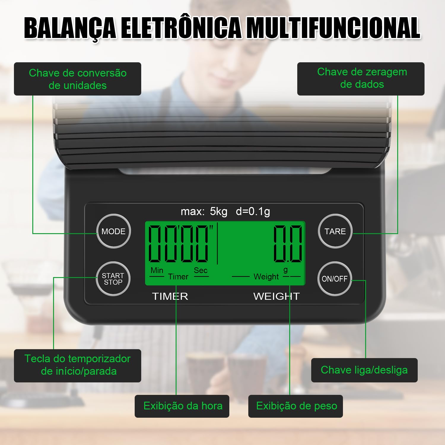 5 kg/0.1 g Balança Digital de Alta Precisão para Café e Infusões, Balança com Temporizador, Escala de Peso de Café com Tela LED, Balança de Cozinha Elétrica Precisa