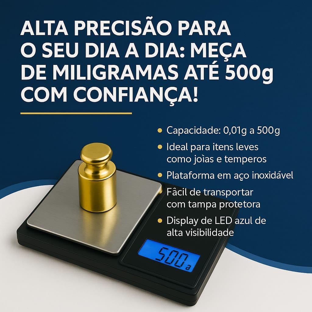 Balança Digital de Precisão 0,01g a 500g Compacta e Portátil com Visor LCD - " Função Tare" 2 Pilhas Inclusas, Facilidade e Praticidade em um Só Lugar