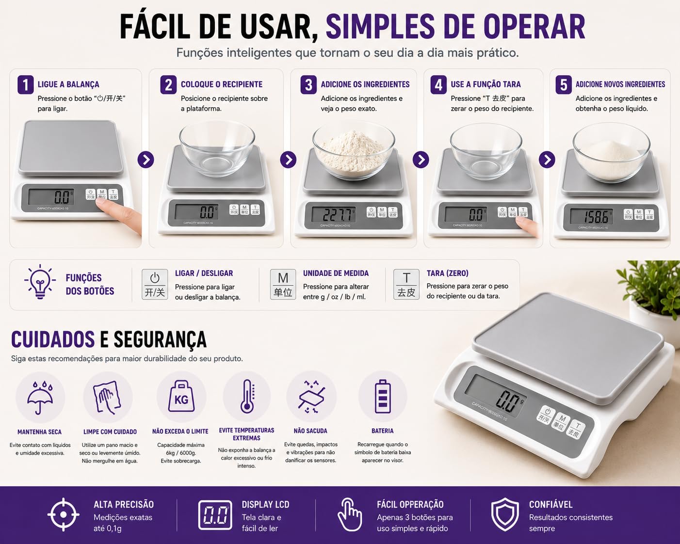 Balança Digital Recarregável Alta Precisão 0,1g Até 6kg Cozinha Profissional eletrônica