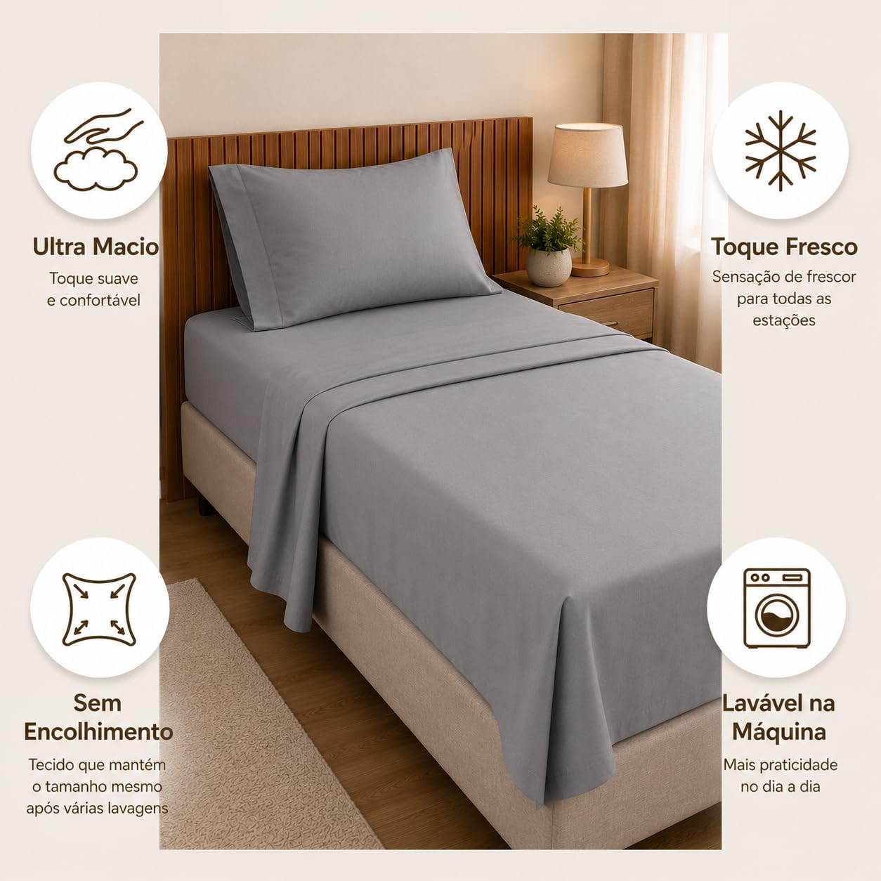 Jogo de Cama Percal 600 Fios Algodão com Elástico Premium (Cinza, Solteiro)