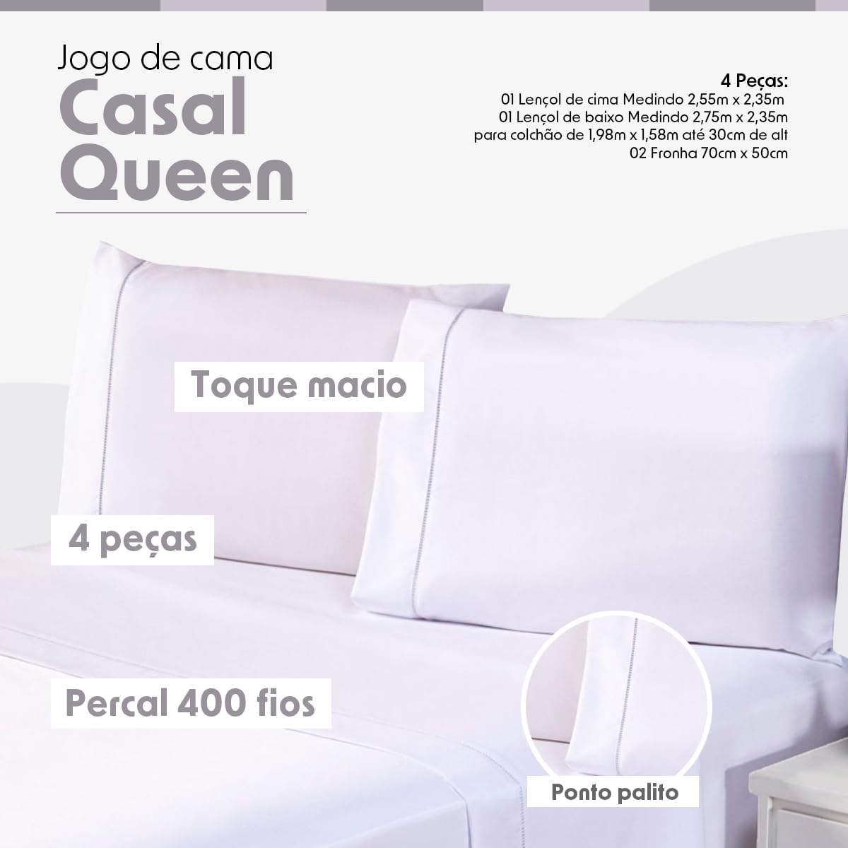 Jogo de Cama Casal Queen Percal 400 Fios Ponto Palito 04 Peças, Antiácaro, Não faz bolinha Toque Extra Macio (branco)