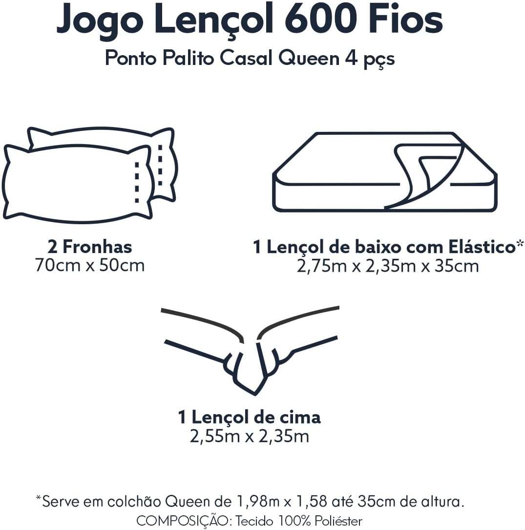 Jogo de Lençol Queen Percal 600 Fios 4 Peças Branco