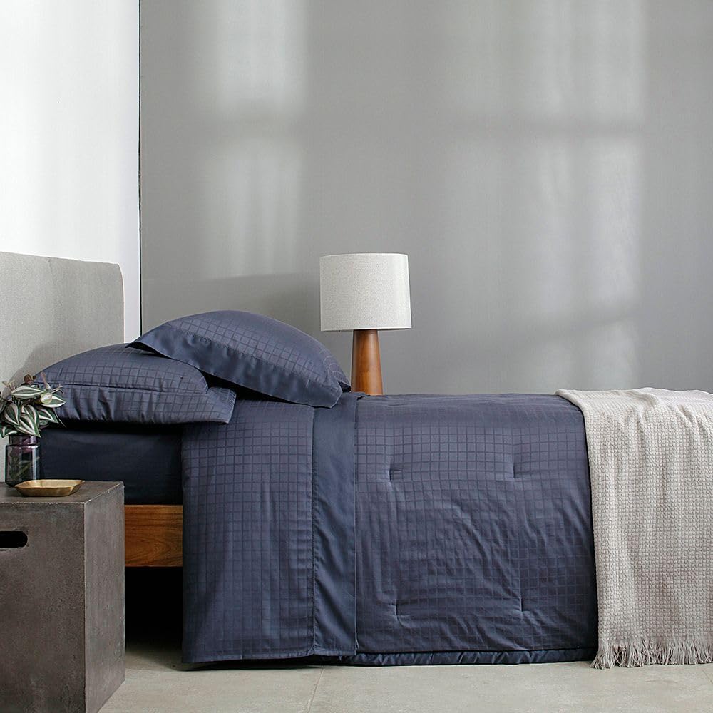 Buddemeyer Jogo de Cama Solteiro Cetim 300 Fios Damask Square 100% Algodão Penteado Azul 3 peças
