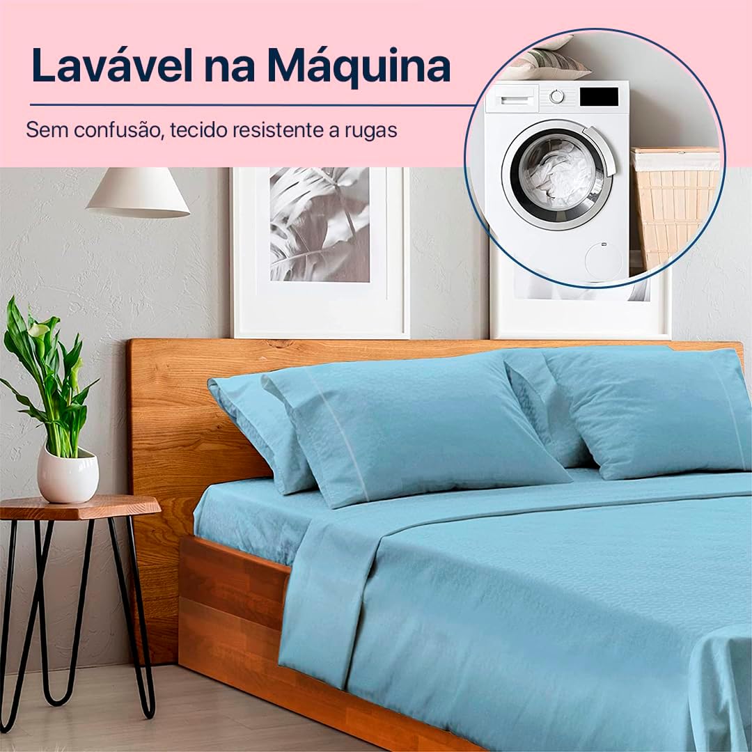 Jogo de Lençol Casal Percal Flex- 3 Peças - 200 Fios - com Ponto Palito - Super Macio - Resistente (Azul Claro, Casal)