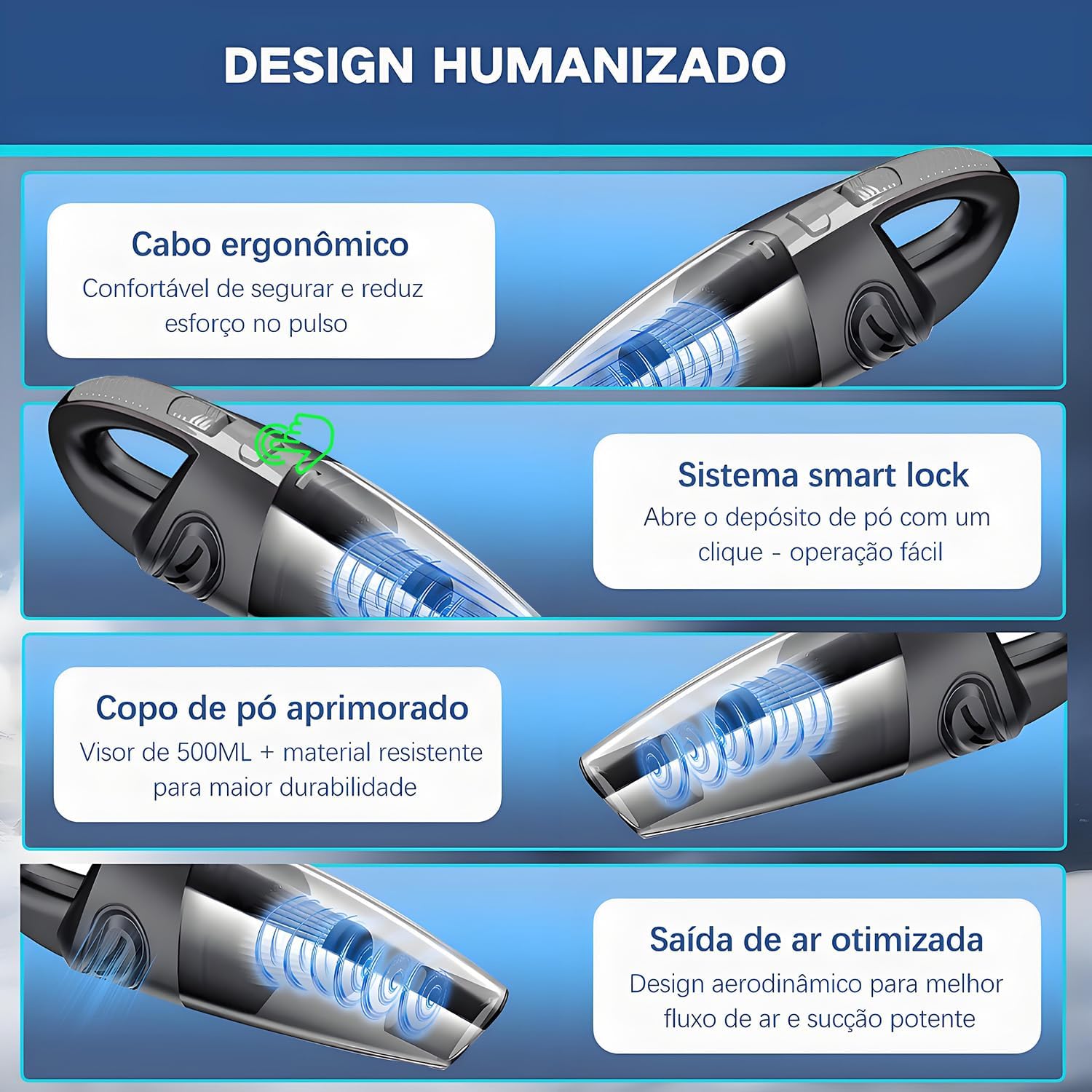 Aspirador de Pó Portátil Sem Fio, 120W Alta Potência com Sucção Poderosa, Uso Seco/Úmido, Recarregável, para Carros e Casa, Filtro Lavável, Inclui 7 Acessórios, Preto (cinza)