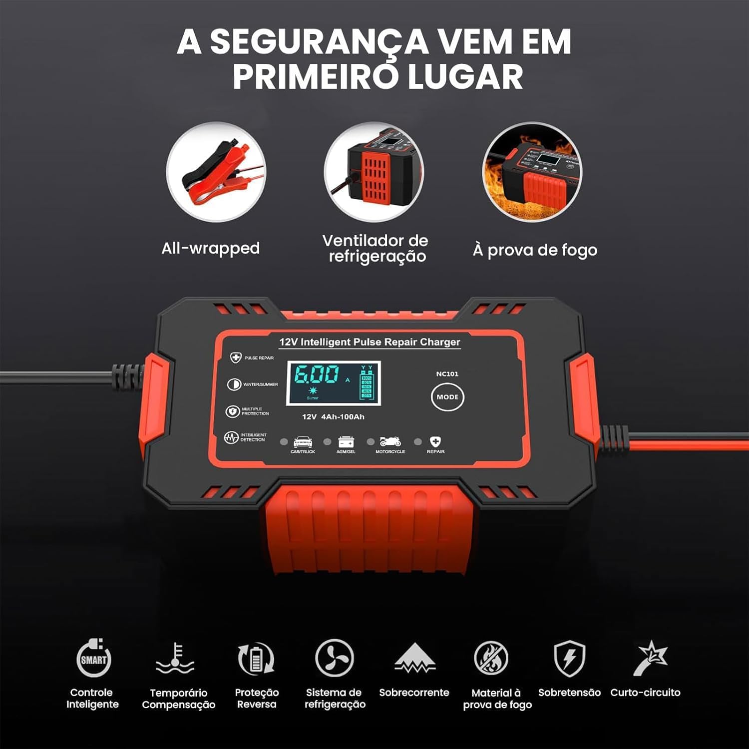 Carregador de Bateria Inteligente 12V 6A para Carros e Motos