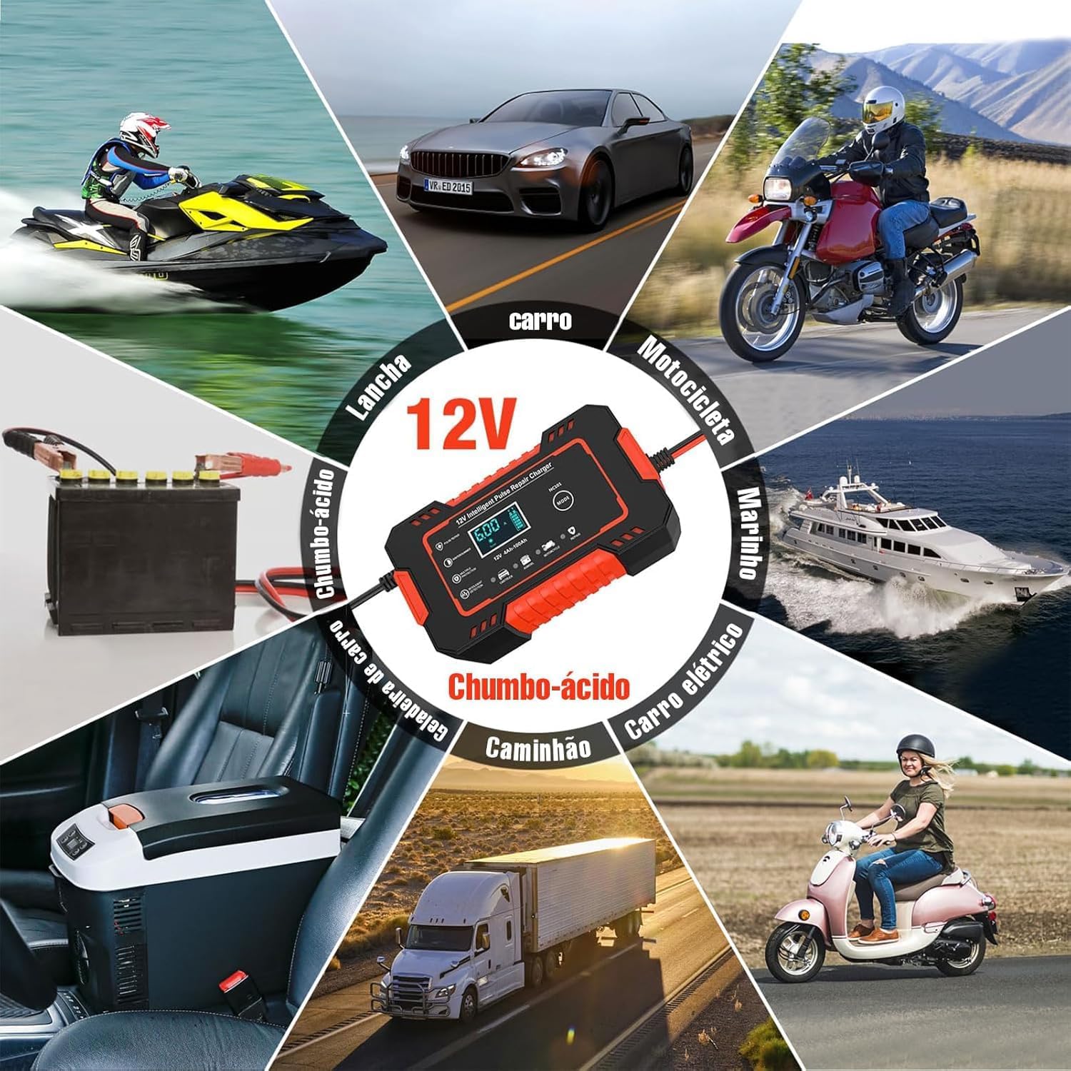 Carregador de Bateria Inteligente 12V 6A para Carros e Motos