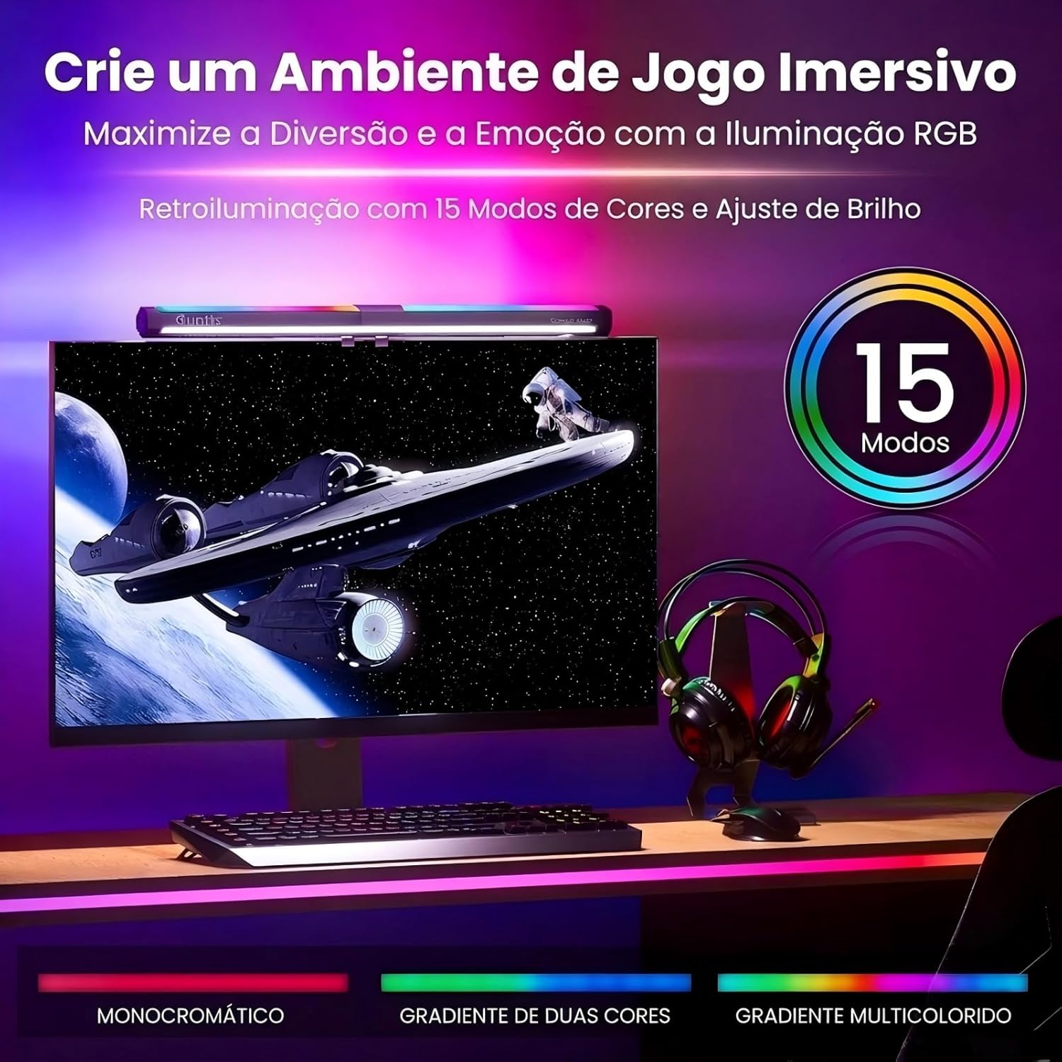 Quntis RGB Barra de Luz para Monitor Gamer com Luz de Fundo RGB e 15 Modos de Iluminação, Brilho Ajustável e 3 Temperaturas de Cor, CRI Ra95, para Home Office, Gaming e Proteção Ocular