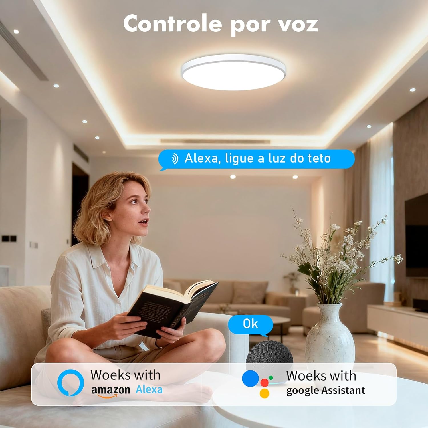 Luminaria de Teto, Plafon LED inteligente, Luz de Teto Inteligente Wi-Fi RGB+CCT 24W, Ø30 cm – Alexa/Google, App Tuya/Coibeu, 2700K-6500K, 800 lúmens