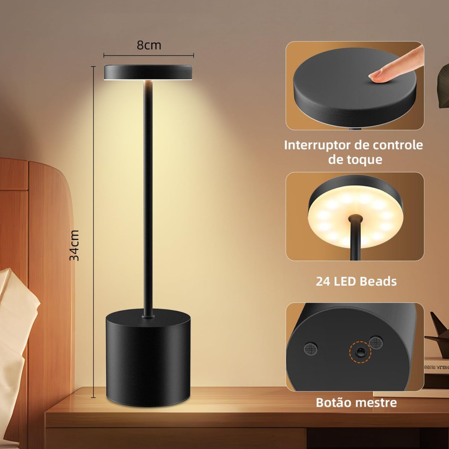 Luminária de Mesa Touch com 3 Modos de Luz Ajustáveis