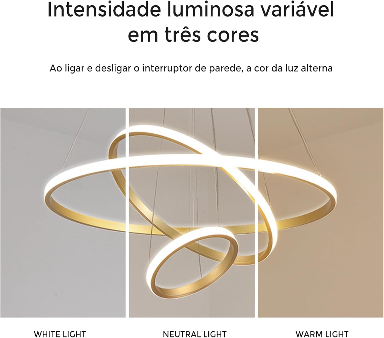 Luminária Pendente 3 Anéis em Ferro com Temperatura de Cor Ajustável