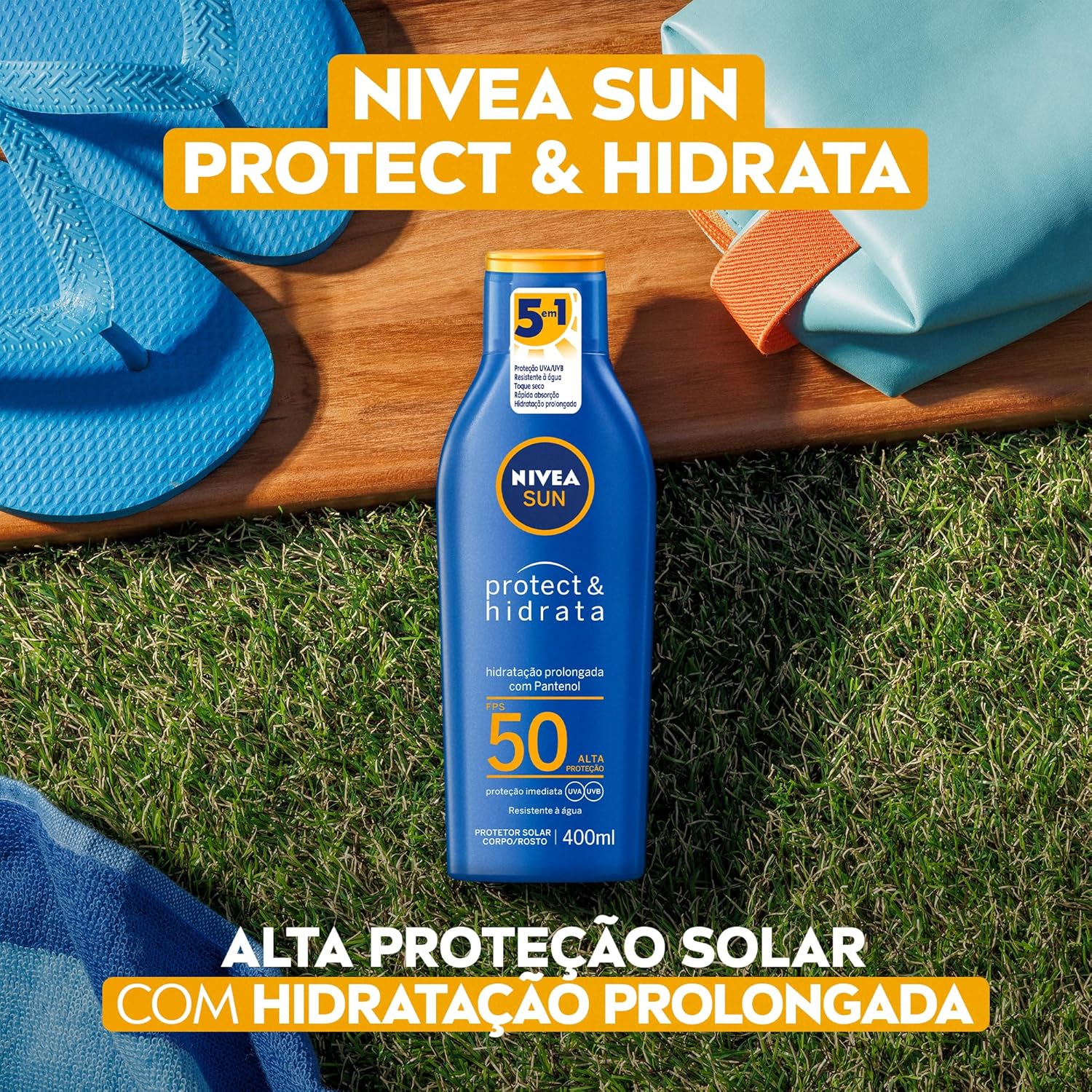 NIVEA SUN Protetor Solar Protect &amp; Hidrata FPS 50 400ml - Com toque seco, rápida absorção e resistente à água, esse protetor solar oferece altíssima proteção ao sol e promove hidratação à pele