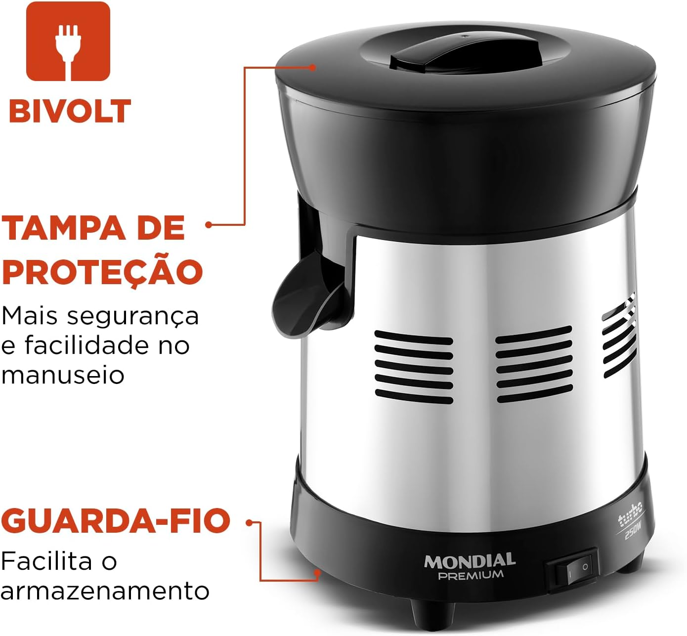 Espremedor de Frutas 250W 1 Litro com 2 Cones