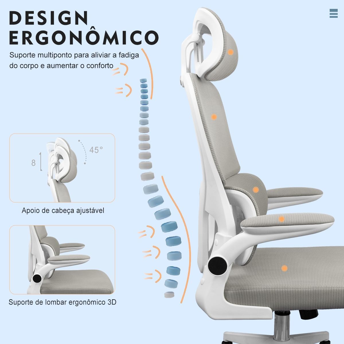 Cadeira de escritório, design ergonômico com suporte lombar independente, malha respirável e encosto de cabeça ajustável (Cinza)