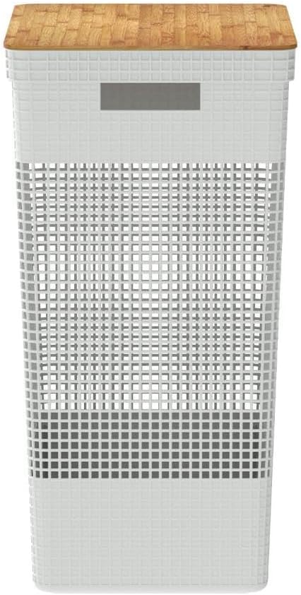 Ou Cesto de Roupas com Tampa de Bambu 49L Branco Oceano Linha Grid