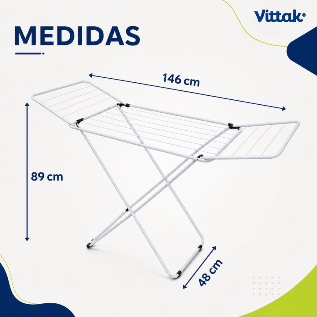 Vittak Varal de Chão Dobrável Slim Branco Com Abas Laterais Resistente Compacto Portátil - Até 15kg