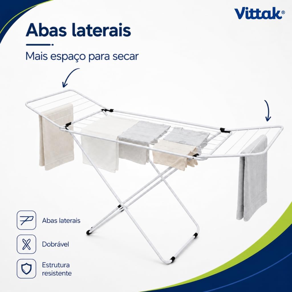 Vittak Varal de Chão Dobrável Slim Branco Com Abas Laterais Resistente Compacto Portátil - Até 15kg