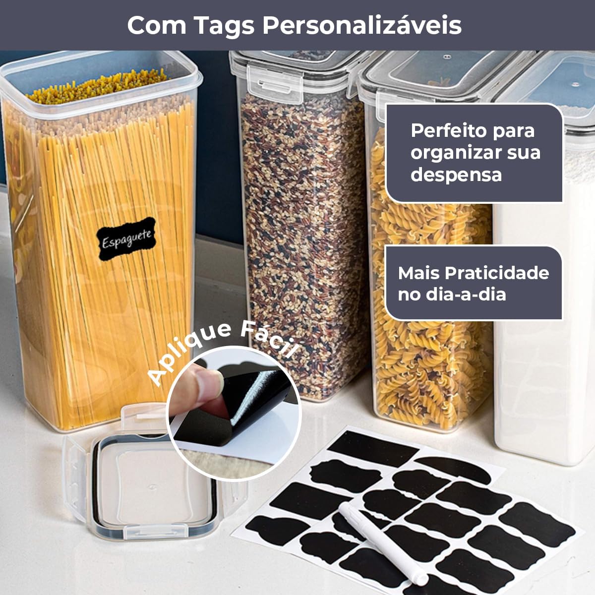 Decolab Kit Potes Herméticos com Vedação de Silicone Plástico BPA Free - Organizador de Geladeira, Porta Cereais, Temperos e Mantimentos (7, Transparente, Retangular) 2x0,8L / 2x1,4L / 2x2,0 / 1x2,8L