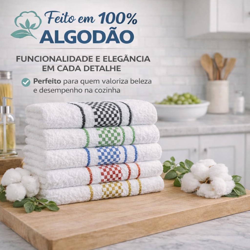 Panos de Prato Kit 5 Peças Branco Xadrez Colorido Alta Absorção
