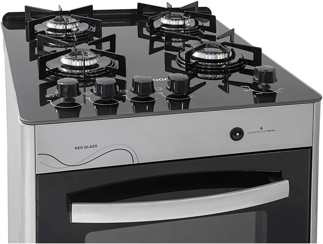 SUGGAR FOGÃO NEO GLASS PRATA MESA DE VIDRO 4 BOCAS TREMPE 6 APOIOS ACENDIMENTO AUTOMÁTICO FGVNG410PRIX