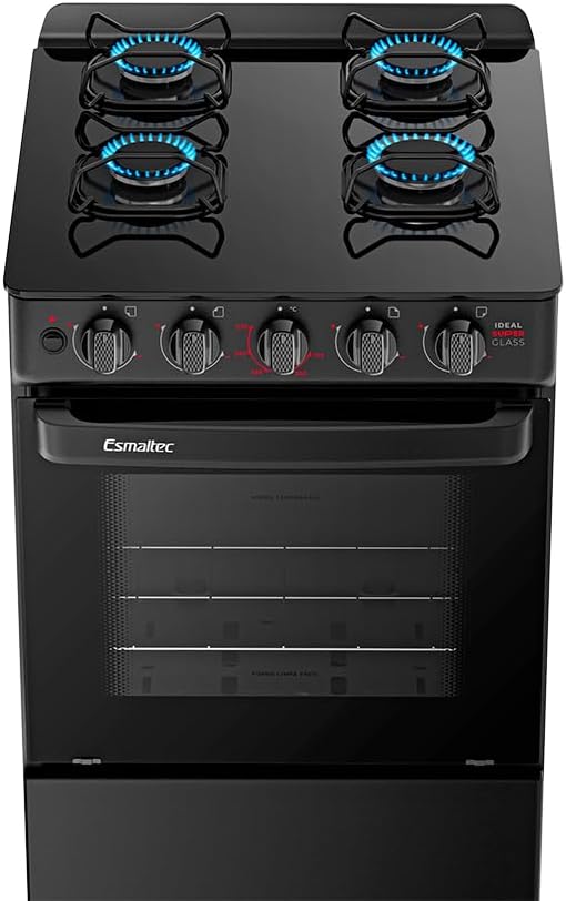 Fogão a Gás Mesa Glass Forno 50L Limpa Fácil e Acendimento Automático Esmaltec IDEAL Super Glass F4VAP Cor Preto 4 bocas Bivolt