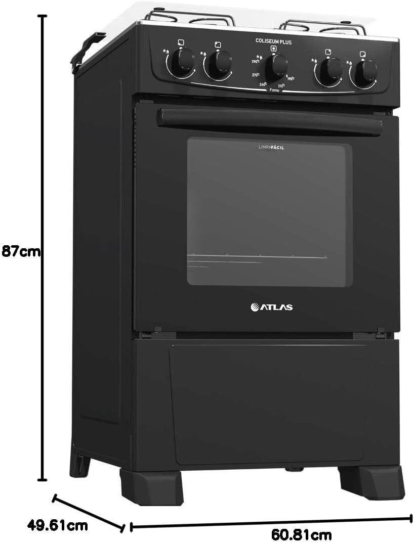 Fogão Atlas 4 bocas preto com forno limpa fácil Coliseum Plus - Forno 50l