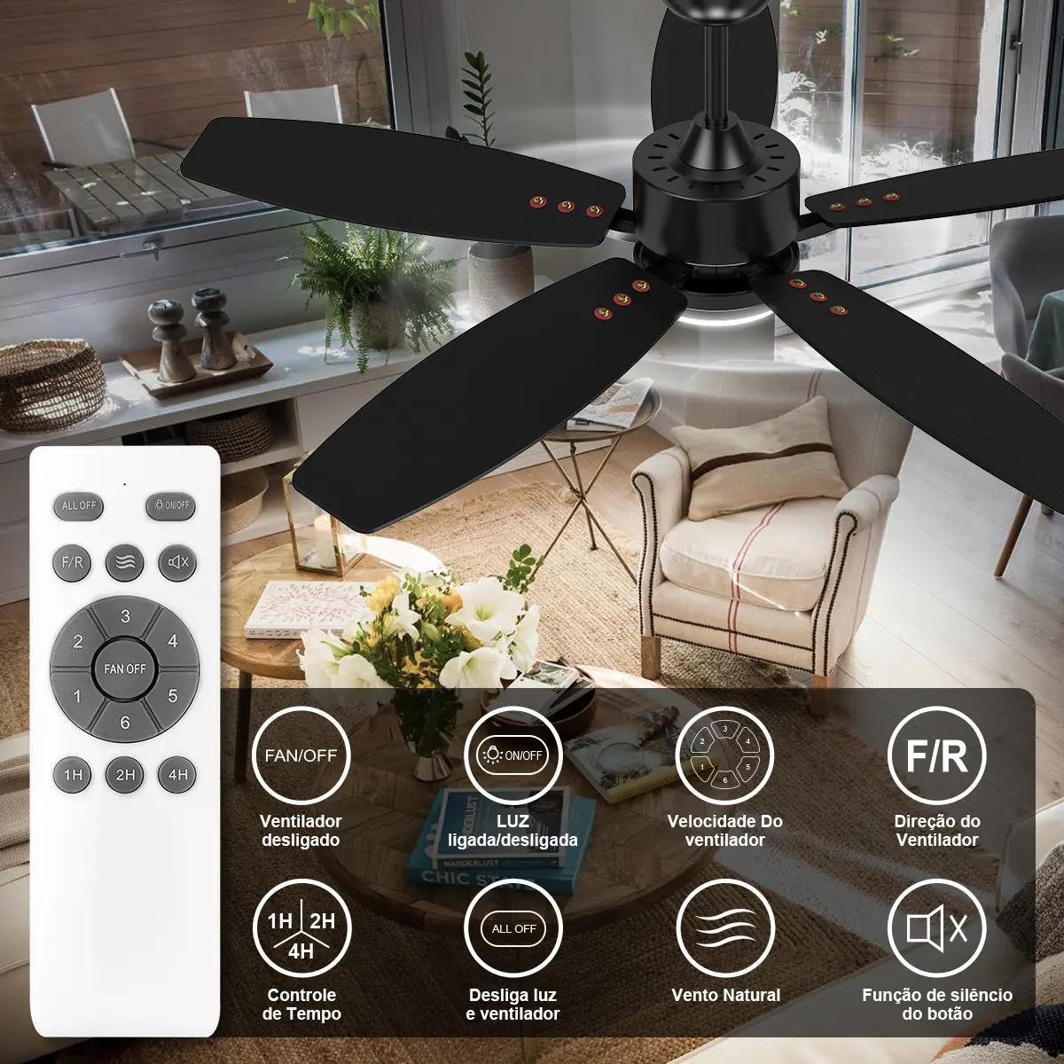 Ventilador de Teto FANSVENTO com Luz LED Controle Remoto 106cm 6 Velocidades - Bivolt 110V/220V