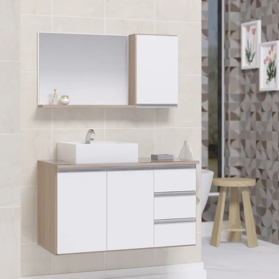 Conjunto Gabinete Banheiro Completo Prisma 0.80m Móvel Madeirado/branco