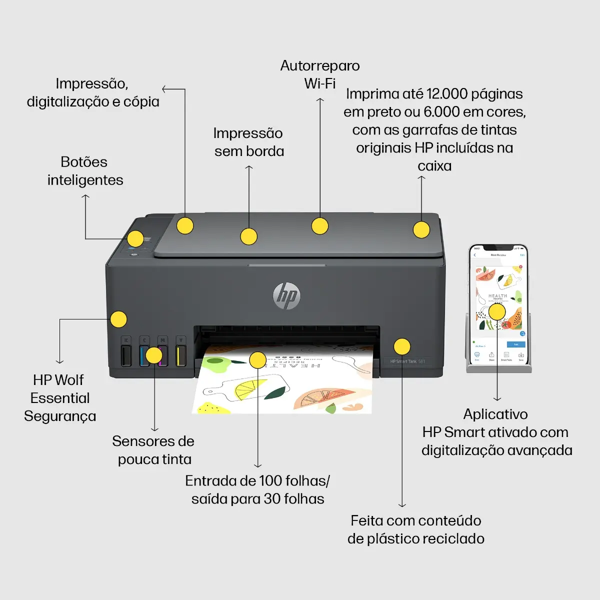Impressora multifuncional HP Smart Tank 581 Colorida 1 USB 2.0 de alta velocidade (dispositivo); 1 porta Wi-Fi 802.11b/g/n; 1 Wi-Fi Direct - 100 a 240 VCA