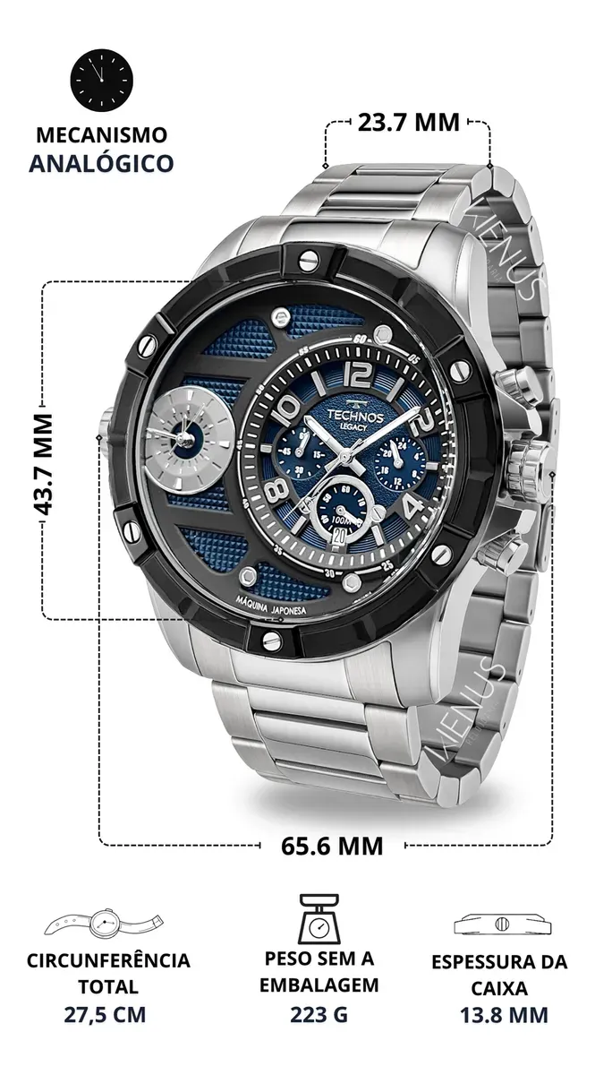 Relógio Technos Masculino Cronógrafo Lunha Legacy Masculino Aço Inoxidável Cor Prata Prova D'água