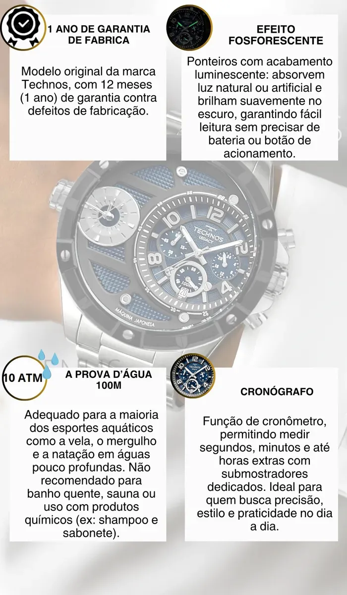 Relógio Technos Masculino Cronógrafo Lunha Legacy Masculino Aço Inoxidável Cor Prata Prova D'água