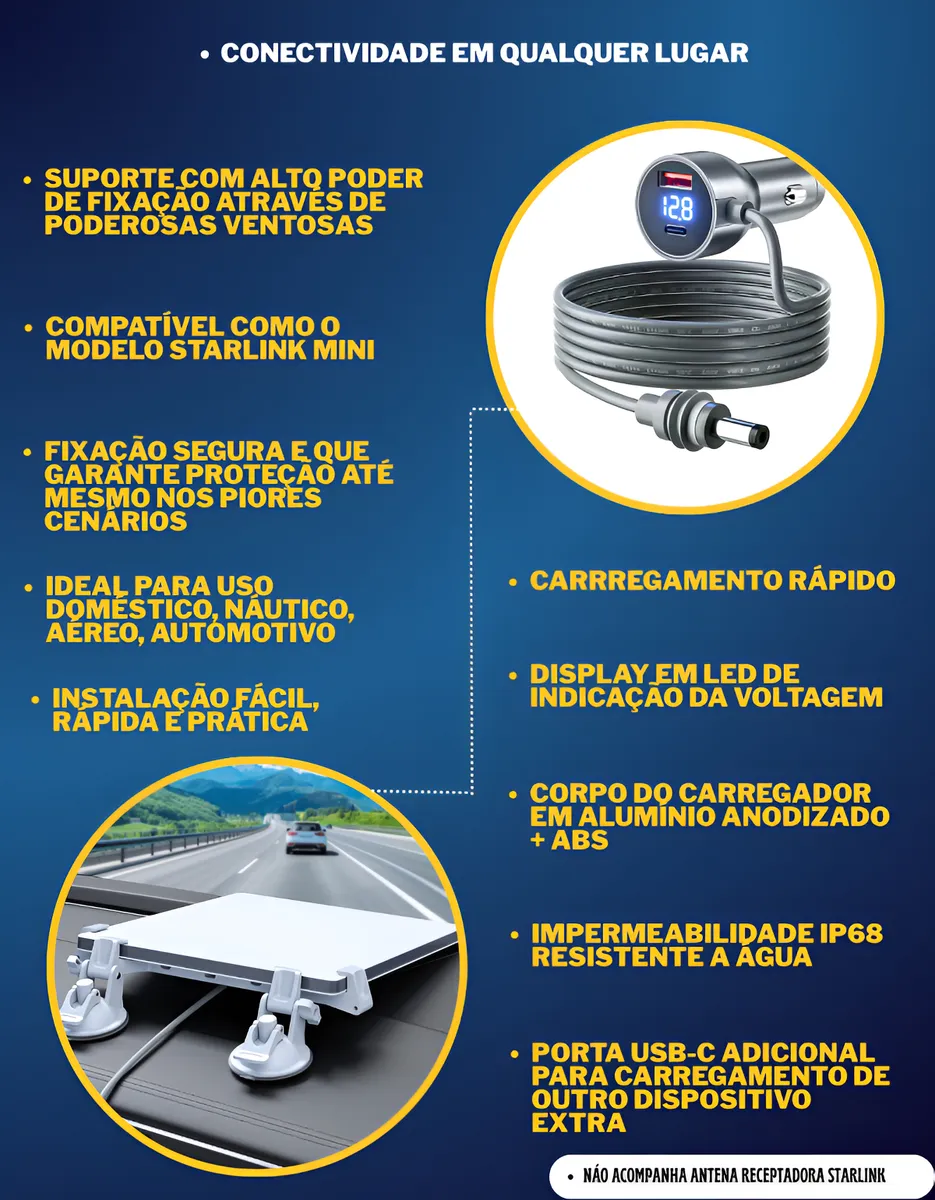 Kit Starlink Mini Suporte E Cabo Internet Satélite Veicular