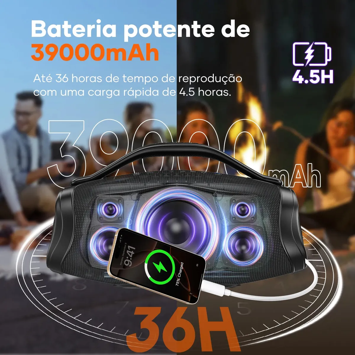 Caixa de som bluetooth 200w 39000mah eq ipx6 Sabala DRa-909 cor preto