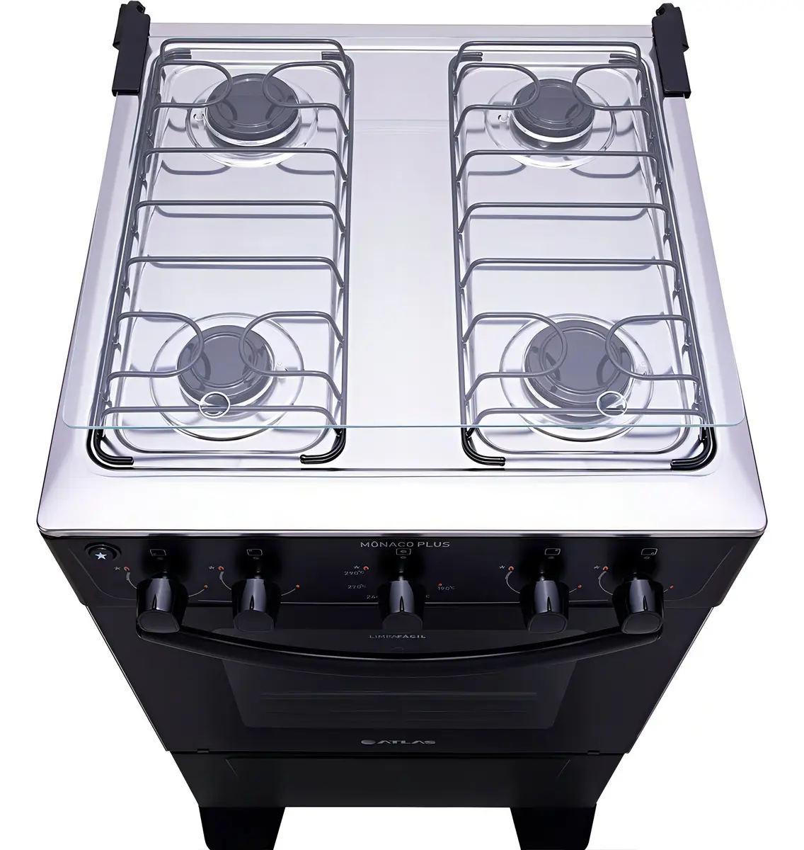Fogão 4 Bocas Atlas Mônaco Plus Preto Com Mesa Inox E Acendimento Automático Bivolt
